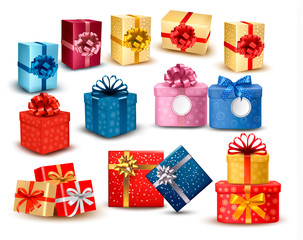 Poster - Set of colorful gift boxes with bows and ribbons. Vector illustr