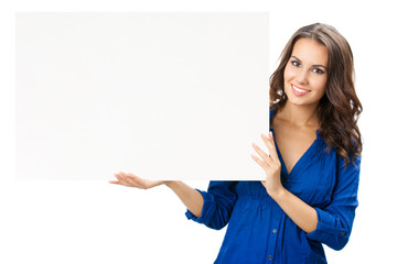 Beautiful young woman showing blank signboard