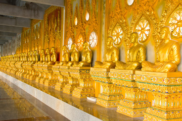 row of golden monk buddhist statues in thai temple, Chaimongkhol