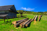 Fototapeta  - Wooden barn building timber field, Beskid Niski Mountains
