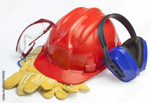 Fotografía Red safety helmet with earphones and goggles