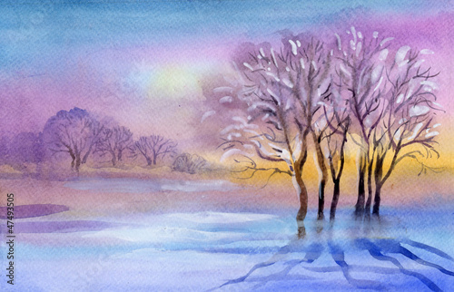 Naklejka - mata magnetyczna na lodówkę Watercolor Landscape Collection: Winter landscape