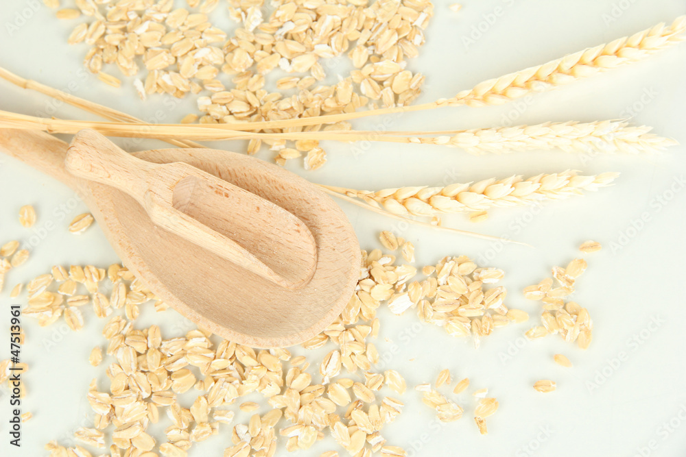 Oat flakes with spikelets, wooden spoon and scoop isolated