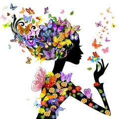 Fotomurales - girl fashion flowers with butterflies