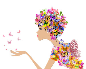 Fotomurales - girl fashion flowers with butterflies