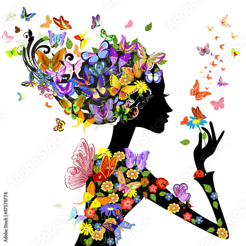 Fototapeta na wymiar girl fashion flowers with butterflies