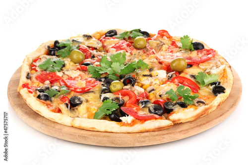 Fotografie, Obraz Tasty pizza with vegetables, chicken and olives isolated