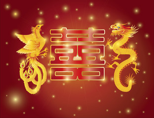 Wall Mural - Dragon and Phoenix Double Happiness Red Background