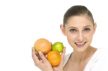 Wall Mural - Border of girl holding fresh fruits in her hands