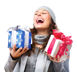 Wall Mural - Happy Young Woman With Christmas Gifts. Gift Box