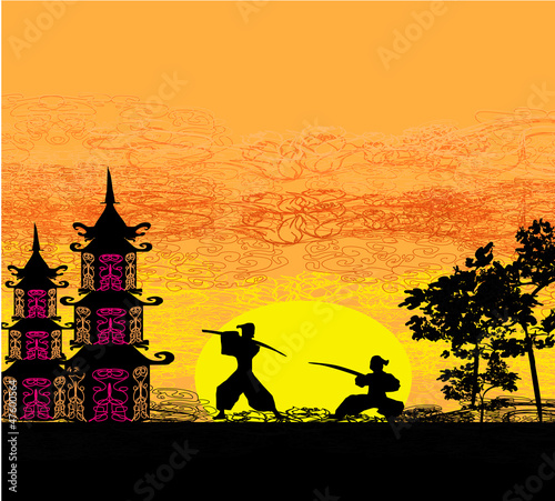 Fotografía Silhouette illustration of two ninjas in duel