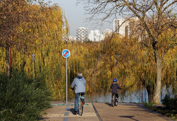 Poster - cyclistes au lac de Créteil en automne