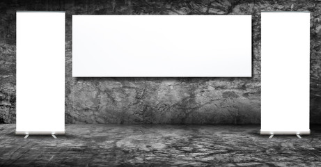 Aufkleber - Blank advertising billboard in cement wall room.