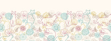 Vector Cats Among Flowers Horizontal Seamless Pattern Ornament