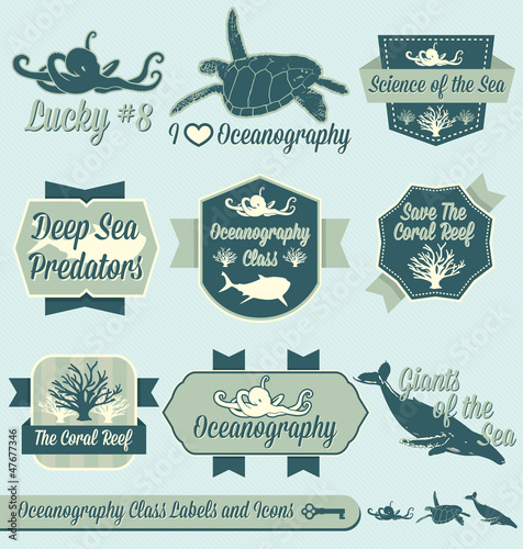 Fotografie, Obraz Vector Set: Vintage Oceanography Class Labels and Icons