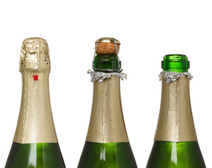 Champagne bottle closed, with cork and open isolated on white