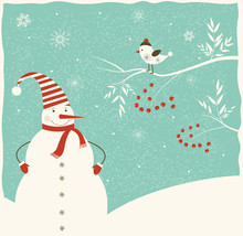 Christmas Decoration With Snowman  And Bird.