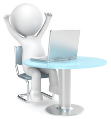 Wall Mural - Success.3D little human character, arms up infront of Laptop.