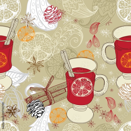 Fototapeta na wymiar Seamless doodle background with mulled warm wine