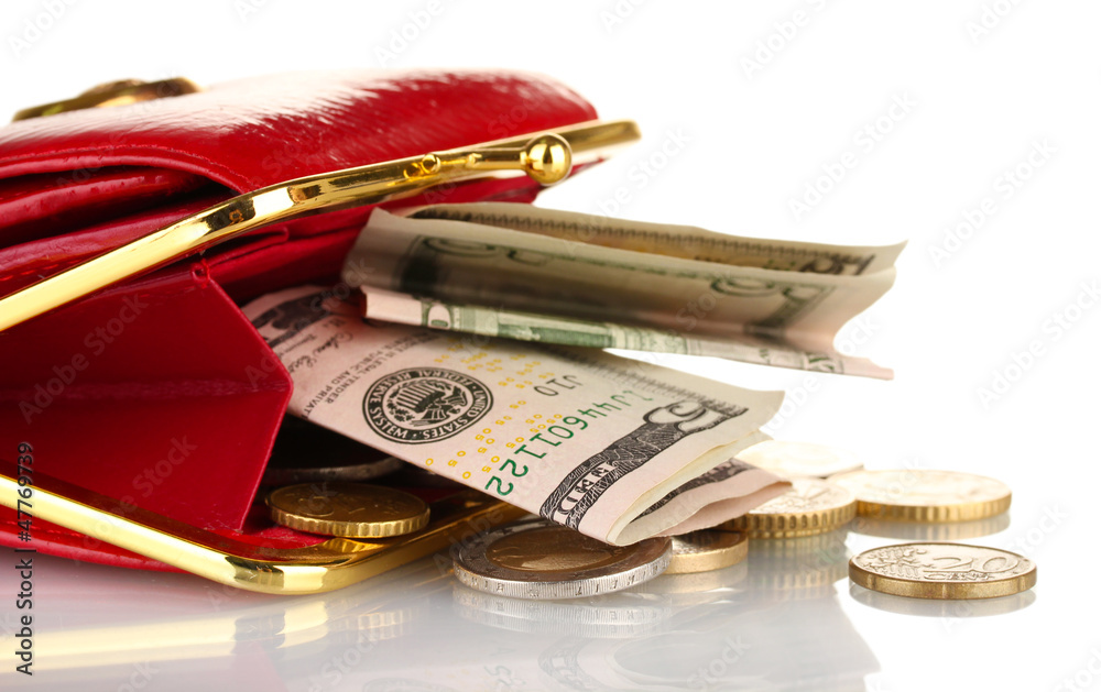 female red wallet with money isolated on white