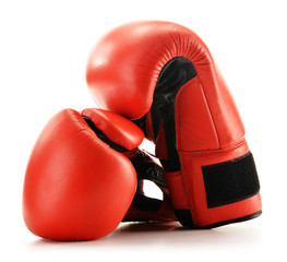 Poster - Pair of red leather boxing gloves isolated on white