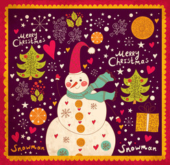 Wall Mural - Christmas card with Snowman