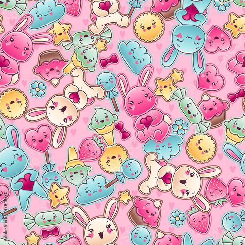 Naklejka - mata magnetyczna na lodówkę Seamless kawaii child pattern with cute doodles.