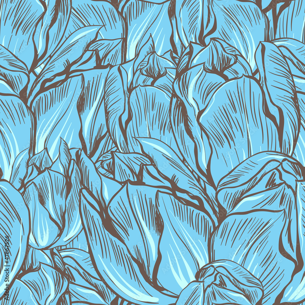 Vector illustration of tulips. (Seamless flowers pattern) - obrazy, fototapety, plakaty 