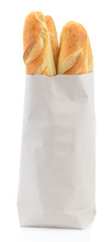 Baguette In Paper Bag Isolated On White Background