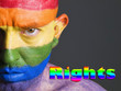 Gay flag face man, rights and serious expression