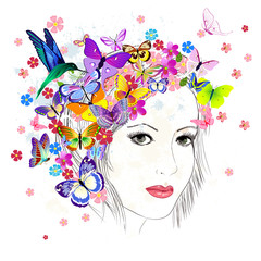 Fotomurales - girl drawing butterfly