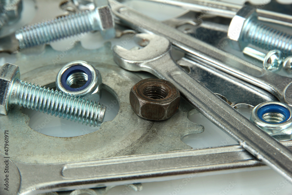 Machine gear, metal cogwheels, nuts and bolts background,