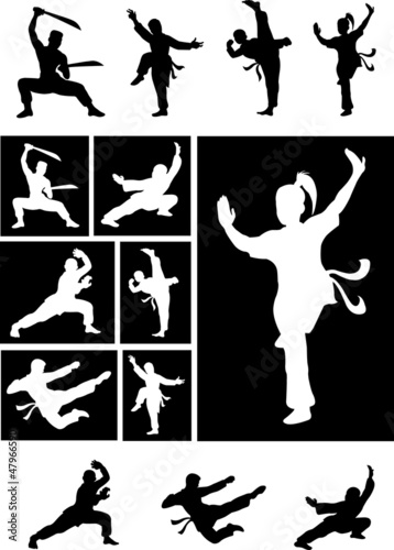 Tapeta ścienna na wymiar Kungfu silhouette - martial art shadow vector set
