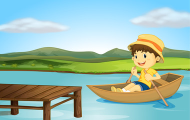 Wall Mural - A boy in a boat and a wooden bench