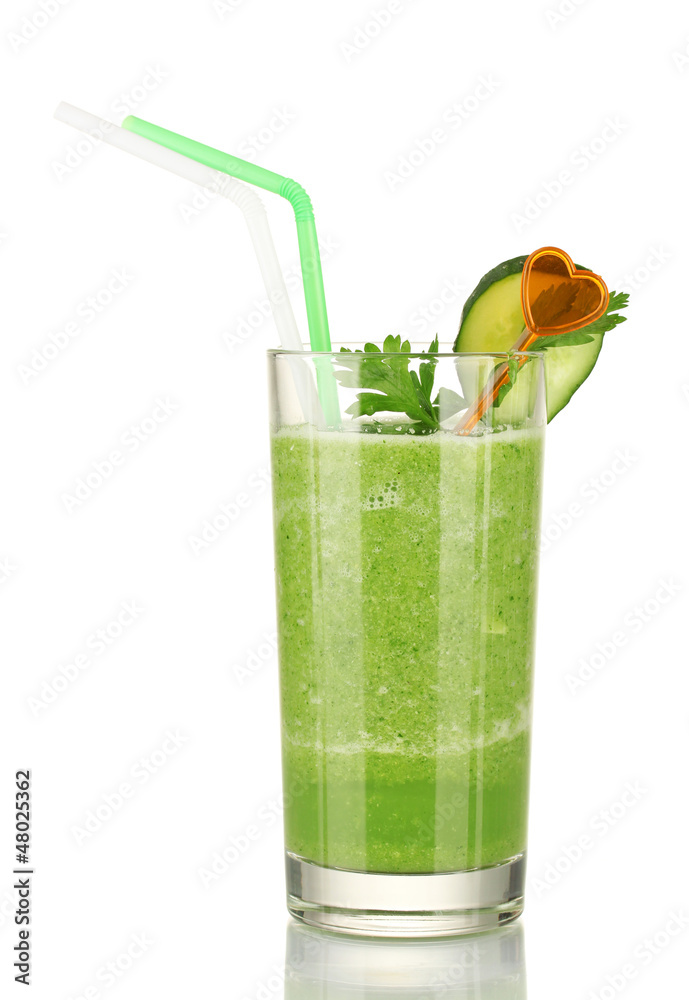 Green vegetable juice isolated on white