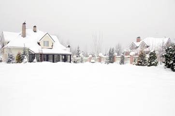 houses and their gardens under snow in winter