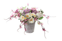 Bouquet Of Artificial Flowers In A Decorative Bucket