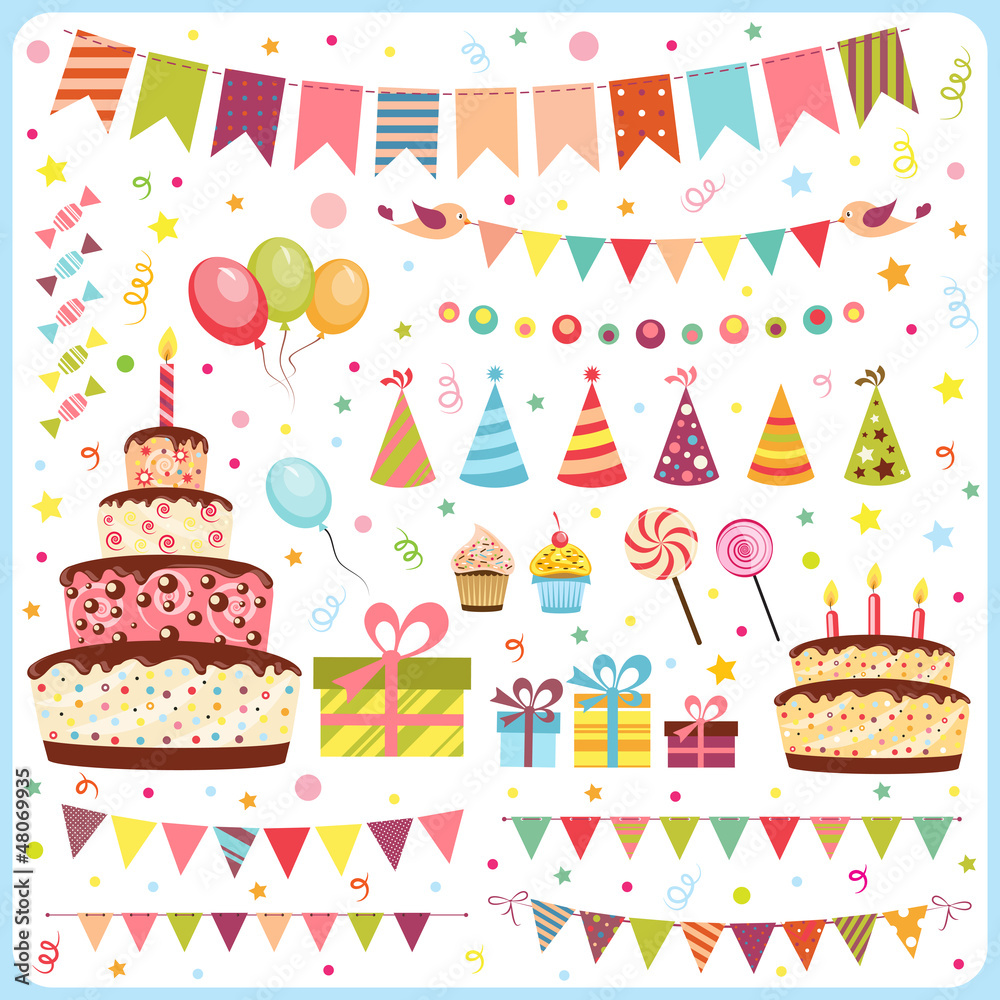 Set of birthday party elements - obrazy, fototapety, plakaty 