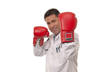 Portrait of young doctor wearing boxing gloves.