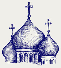 The Bulbous Domes Of Orthodox Cathedral Temple. Doodle Style