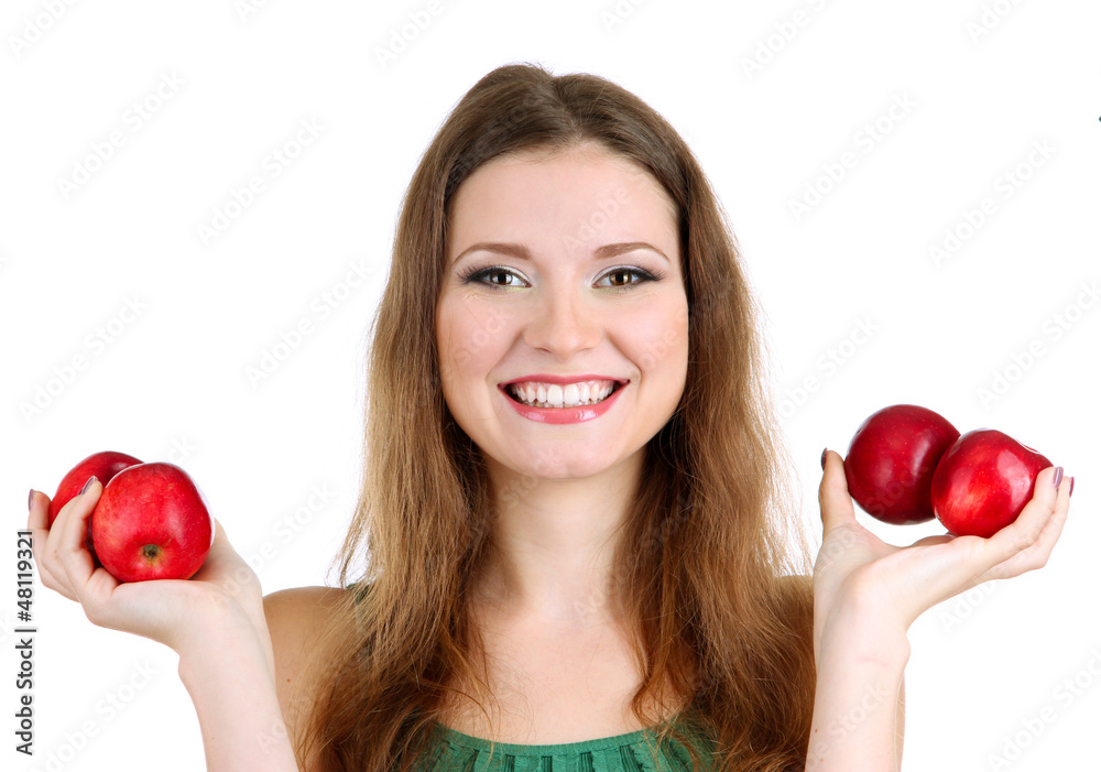 Beautiful woman with apple isolated on white