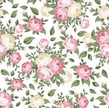 Seamless Pattern With Pink And White Roses. Vector Illustration.