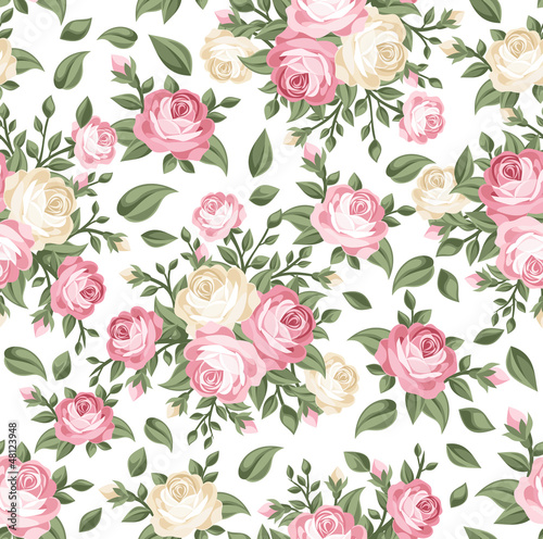 Obraz w ramie Seamless pattern with pink and white roses. Vector illustration.