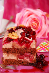 Wall Mural - cherry and chocolate cake with walnuts for sweet valentine`s day