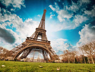 Wall Mural - Paris. Wonderful wide angle view of Eiffel Tower from street lev