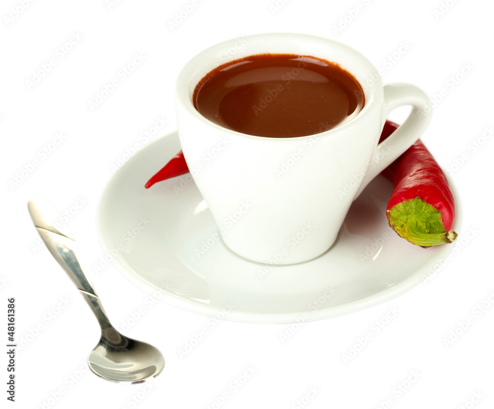 white cup with hot chocolate and chili pepper isolated on white