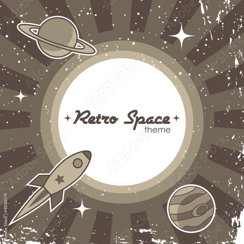 Fototapeta na wymiar Retro space theme background with rocket