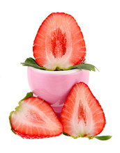 Sliced Strawberry In Pink Bowl Isolated On White