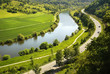 Leinwandbild Motiv Deutsche Landschaft mit Feldern, Fluss und Straße