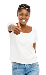 Beautiful African American woman happy thumbs up isolated on whi